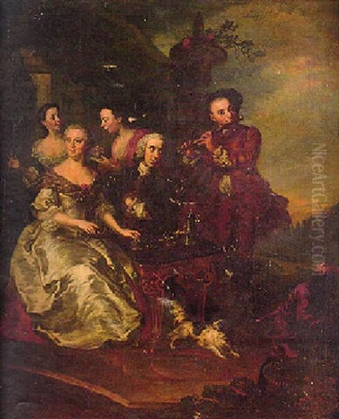 A Portrait Conversazione Of A Group In A Park Taking Chocolate, With A Flautist, A Servant And A Spaniel Oil Painting by Petrus Johannes van Reysschoot