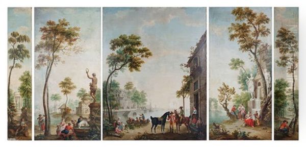 Les Scenes De Parc Et De Port Animees (5 Works) Oil Painting by Pieter Norbertus Van Reysschoot