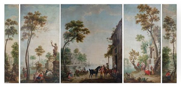 Figurant Des Scenes De Parc Et De Port Animees (set Of 5) Oil Painting by Pieter Norbertus Van Reysschoot