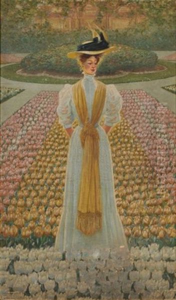 Edwardian Lady In A Bed Of Tulips Oil Painting by Louis John Rhead