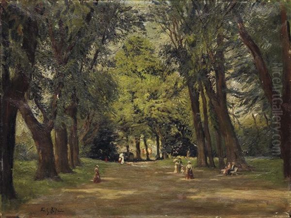 Sommer Im Park. Flaneure Im Schatten Unter Grosen Baumen Oil Painting by Fritz Rhein