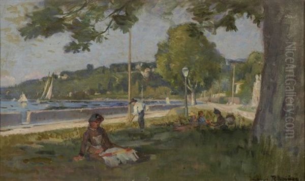 Le Vieux Plongeon Pres De Geneve. Seepromenade Bei Genf Mit Ruhender Dame Und Familie Im Schatten Eines Baumes Und Gartner Oil Painting by Louis Rheiner