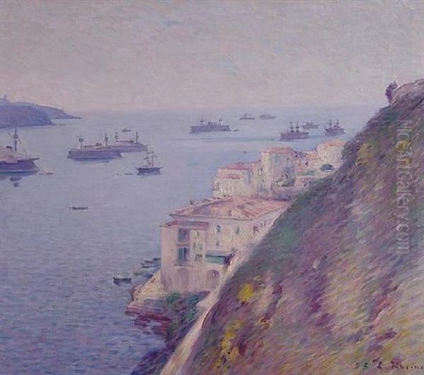 Villefranche Sur Mer. Blick Auf Vor Anker Liegende Schiffe Der Marine In Der Sommerlichen Bucht Oil Painting by Louis Rheiner