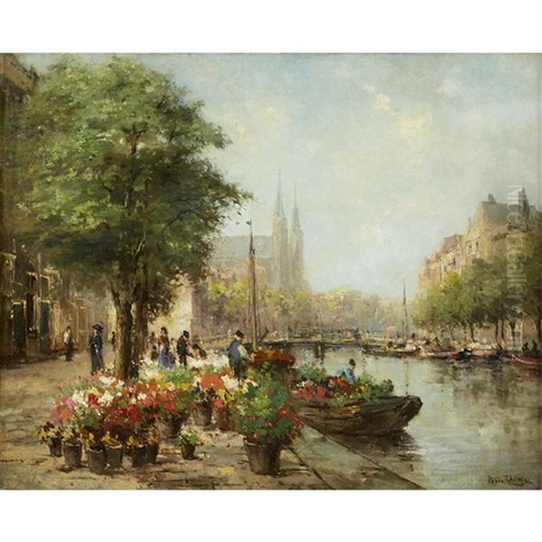 Bloemsingel With The Krijtberg Church In The Background Oil Painting by Johannes van Rhijnnen