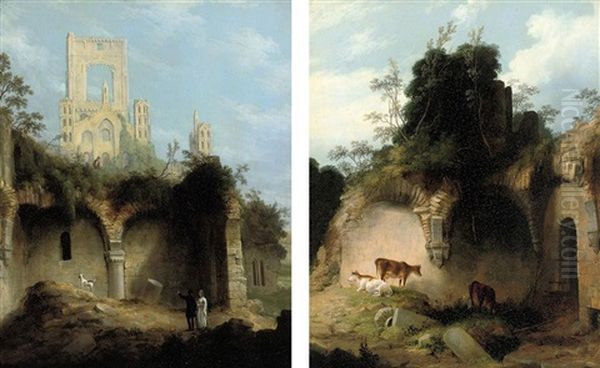 Figures Before Kirkstall Abbey (+ Cattle Grazing, Kirkstall Abbey; Pair) Oil Painting by John Rhodes