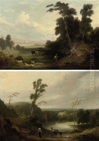 The Return From Market (+ A View Of Kirstall Abbey; 2 Works) Oil Painting by Joseph Rhodes