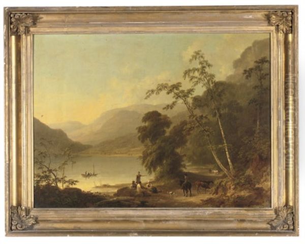 An Extensive Landscape With Rustics Resting On A Track Oil Painting by Joseph Rhodes