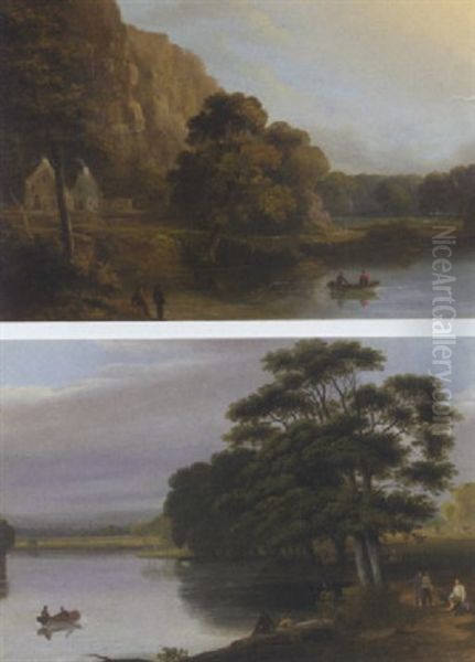 A River Landscape With Bathers And A Rowing Boat Oil Painting by Joseph Rhodes