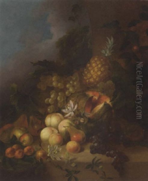 Grapes, Peaches, Pears, Apples, Apricots, A Melon And A Pineapple On A Ledge Oil Painting by Joseph Rhodes