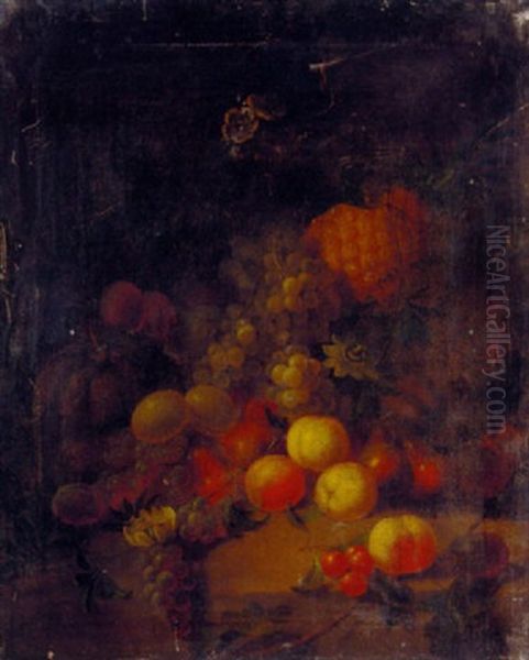 Grapes, Peaches, Plums, Pears, Cherries, A Melon, And A Pineapple Oil Painting by Joseph Rhodes