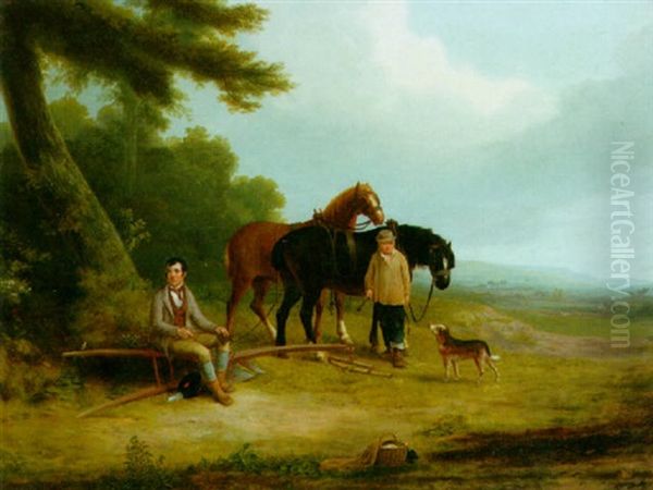 Robert Burns Seated On A Plough, With A Boy And Two Carthorses Oil Painting by Joseph Rhodes