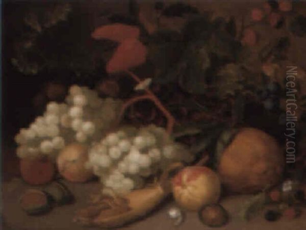 Still Life With Fruit, A Snail, Caterpillar And Butterfly Oil Painting by Joseph Rhodes