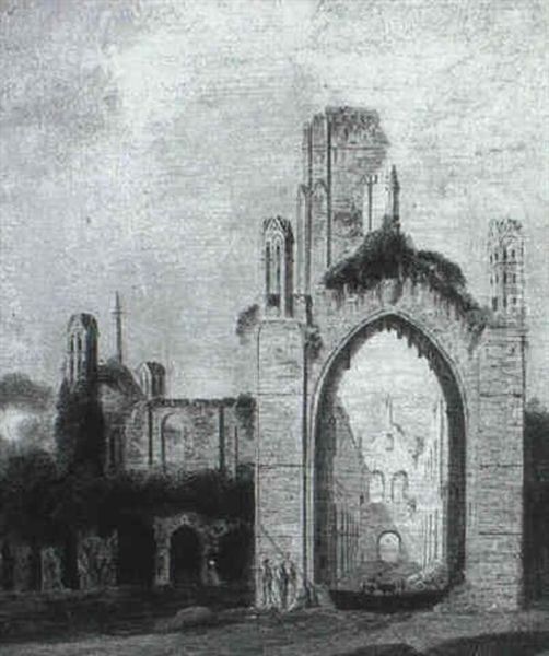 Figures And Cattle Before A Ruined Abbey Oil Painting by Joseph Rhodes