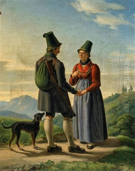 Jager Und Sennerin In Den Bergen Oil Painting by Joseph Anton Rhomberg