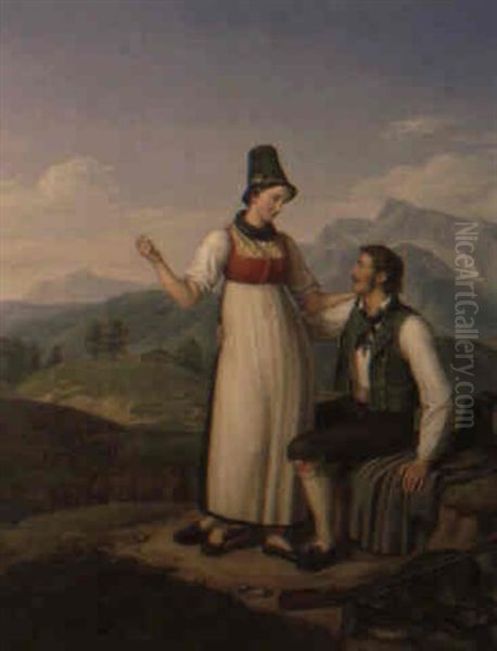 Gemsenjager Und Sennerin Oil Painting by Joseph Anton Rhomberg