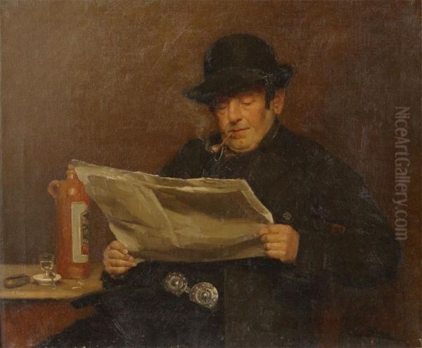 Man With Bottle Of Gin Reading A Newspaper Oil Painting by Charles Boom