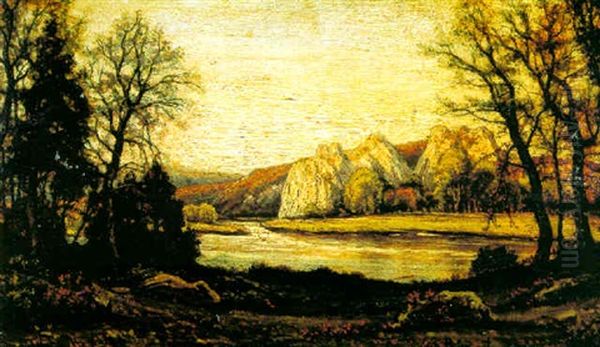 Lake Landscape Oil Painting by Agustin Riancho Y Mora