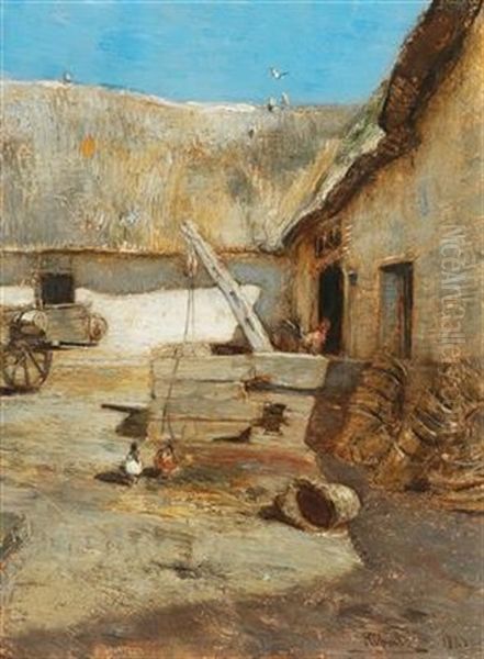 Chickens In A Farmhouse Courtyard Oil Painting by Rudolf Ribarz