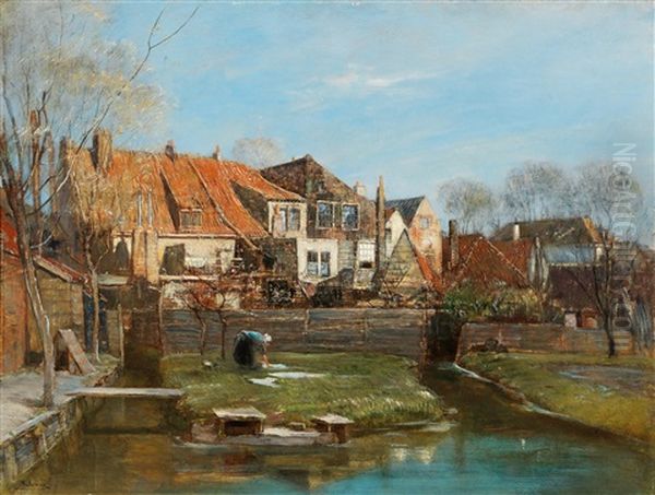 Washerwoman On The Banks Of A River Oil Painting by Rudolf Ribarz