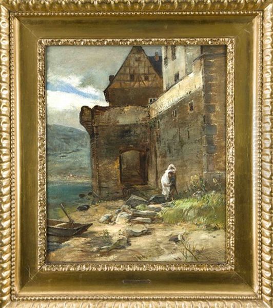 Ausgang An Der Wasserseite Von Schloss Gondorf An Der Mosel Mit Frauenraub Oil Painting by Rudolf Ribarz