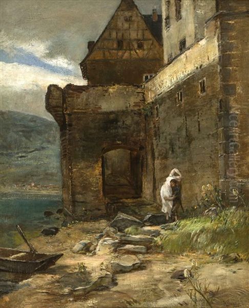 Ausgang An Der Wasserseite Von Schloss Gondorf An Der Mosel Mit Frauenraub Oil Painting by Rudolf Ribarz