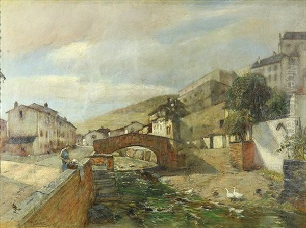 Village With The Bridge Oil Painting by Rudolf Ribarz