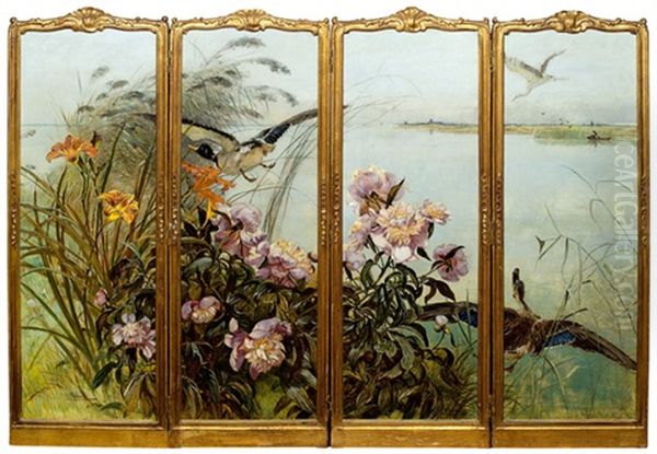 Entenjagd (4 Panel Screen) Oil Painting by Rudolf Ribarz