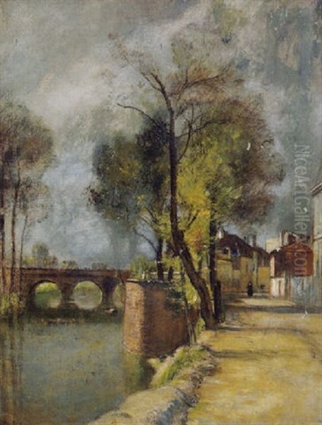 Franzosiches Stadtchen Mit Einer Brucke Uber Den Fluss Oil Painting by Rudolf Ribarz