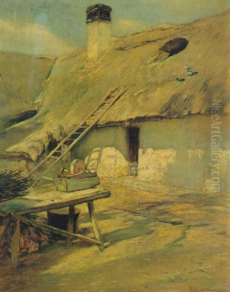 Thatched Roof Cottage Oil Painting by Rudolf Ribarz