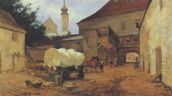 Gutshof Mit Planenwagen Oil Painting by Rudolf Ribarz