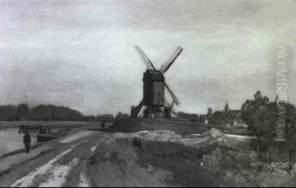 Windmuhlen Am Kanal Oil Painting by Rudolf Ribarz