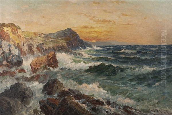 Rocky Coastal With Crashing Waves Oil Painting by Richard Dey de Ribcowsky