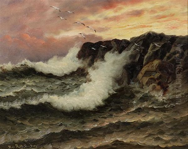 Crashing Waves At Sunset Oil Painting by Richard Dey de Ribcowsky