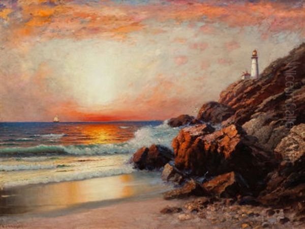 Sunset Lighthouse Oil Painting by Richard Dey de Ribcowsky