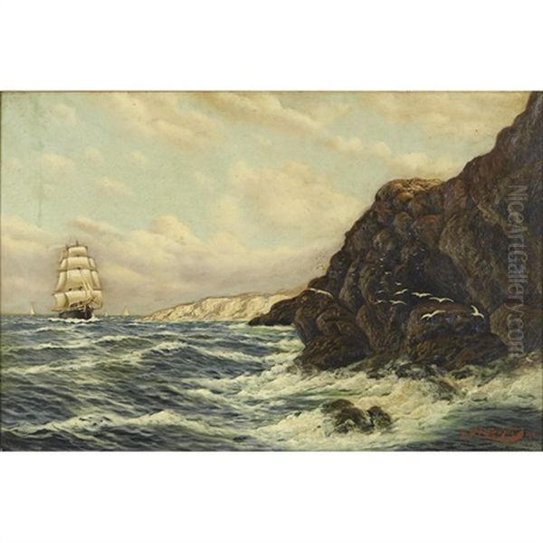 Sailing Ships And Rocky Shore Oil Painting by Richard Dey de Ribcowsky