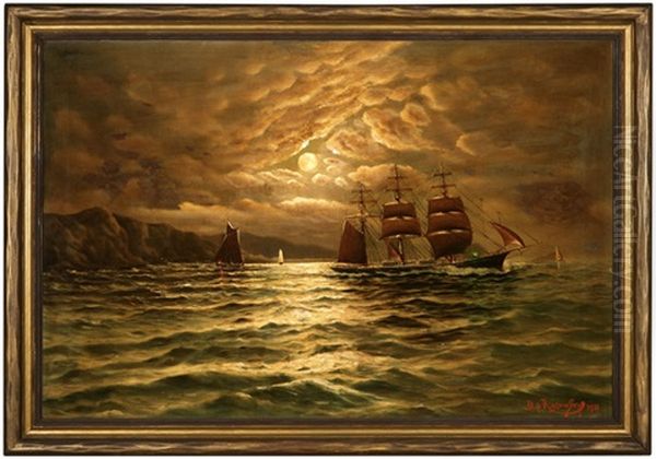 Sailing Ships In The Moonlight Oil Painting by Richard Dey de Ribcowsky