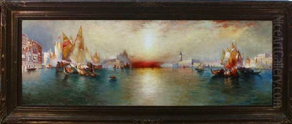 Panoramic Sunset Venice Canal Scene Oil Painting by Richard Dey de Ribcowsky