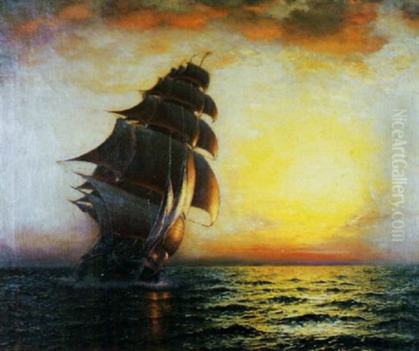 Mid-ocean Sunset Oil Painting by Richard Dey de Ribcowsky