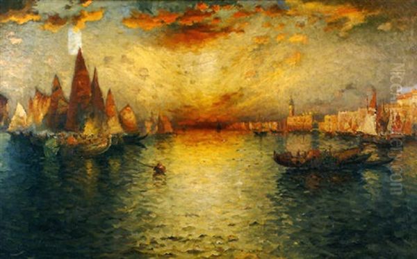 A Venetian Harbor Landscape Oil Painting by Richard Dey de Ribcowsky