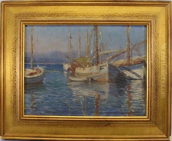 Harbor Scene Painting With Sailboats Oil Painting by Jules Ribeaucourt