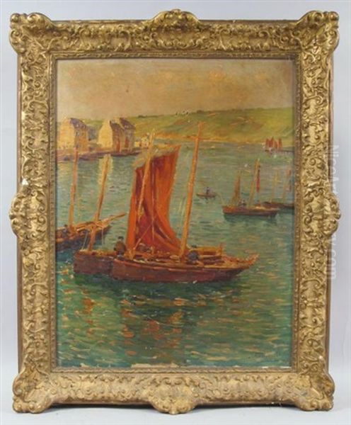 Barque De Peche A La Voile Rouge Oil Painting by Jules Ribeaucourt