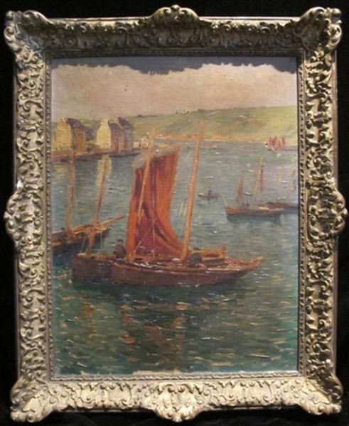 Barque De Peche A La Voile Rouge Oil Painting by Jules Ribeaucourt