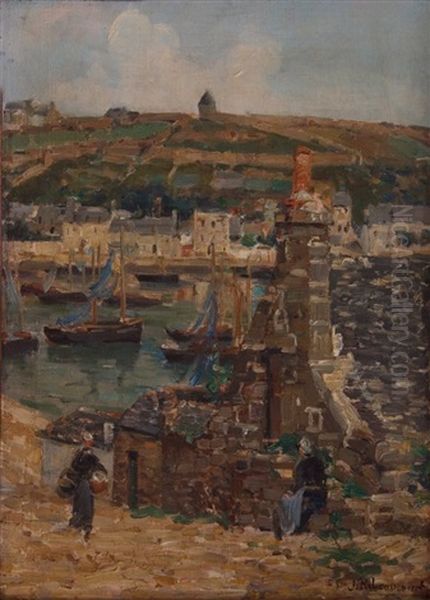 Figures By The Port Oil Painting by Jules Ribeaucourt