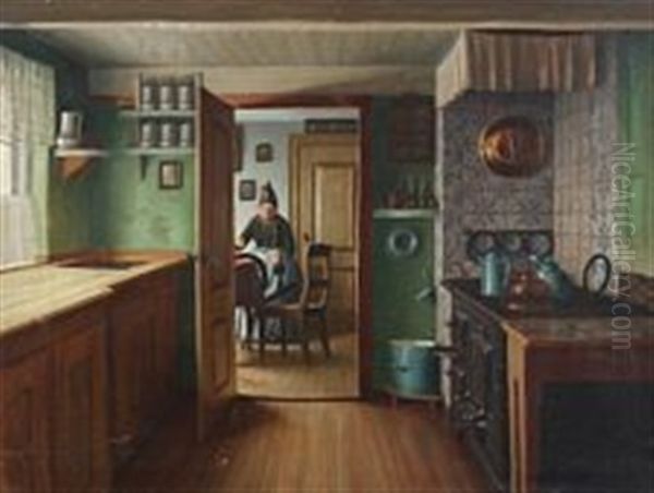 Interior With Woman From Fanoe Island Working At Her Spinning Wheel Oil Painting by Peder Riber