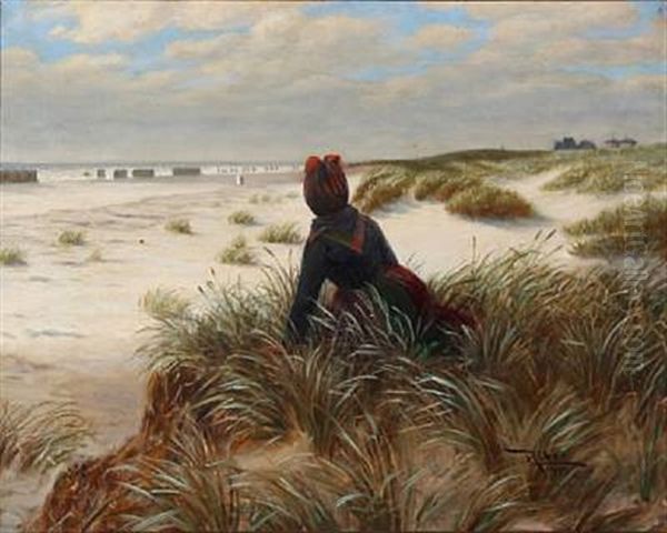 Fano Girl Looking At The Bathers On The Beach Oil Painting by Peder Riber