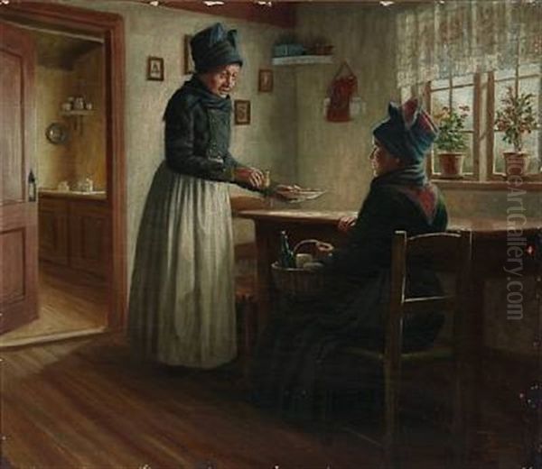 Interior From Fano, Denmark, With Two Women Oil Painting by Peder Riber