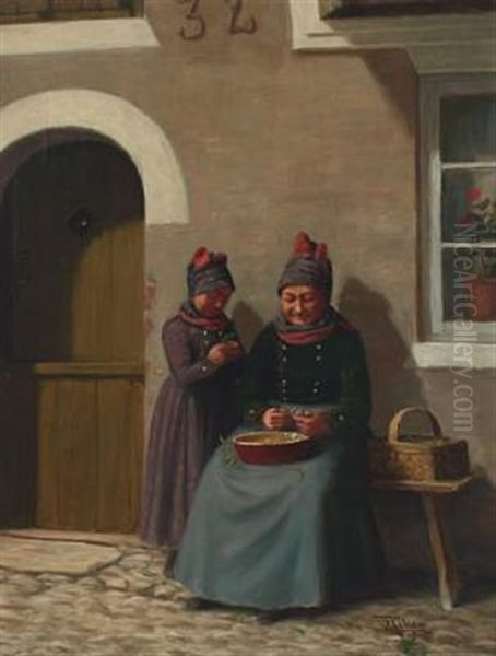 Mother And Daughter Shuking Peas, Fanoe Oil Painting by Peder Riber