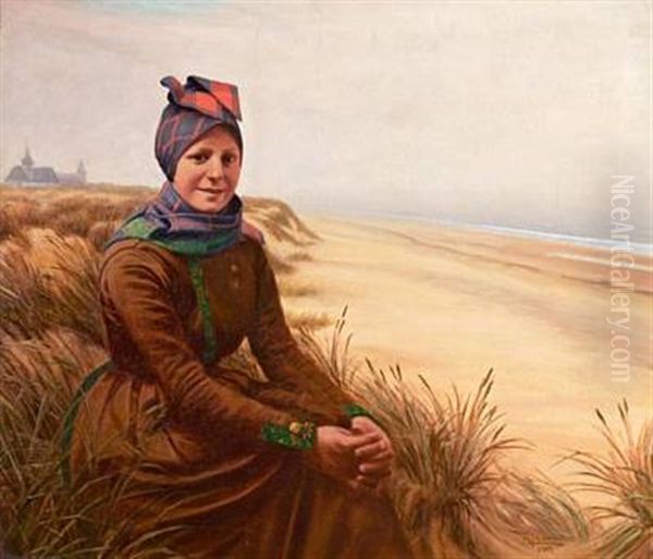 Girl By The Beach, Wearing The Traditional Fanoe Dress Oil Painting by Peder Riber