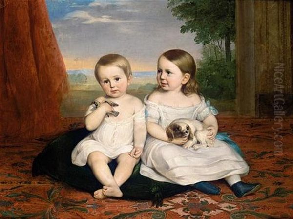 Retrato De Dos Ninos Con Sus Mascotas (children With Their Pets) Oil Painting by Carlos Luis de Ribera y Fieve