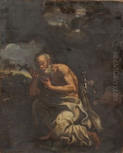 Saint Paul The Hermit In The Wilderness, Holding A Cross Oil Painting by Jusepe de Ribera